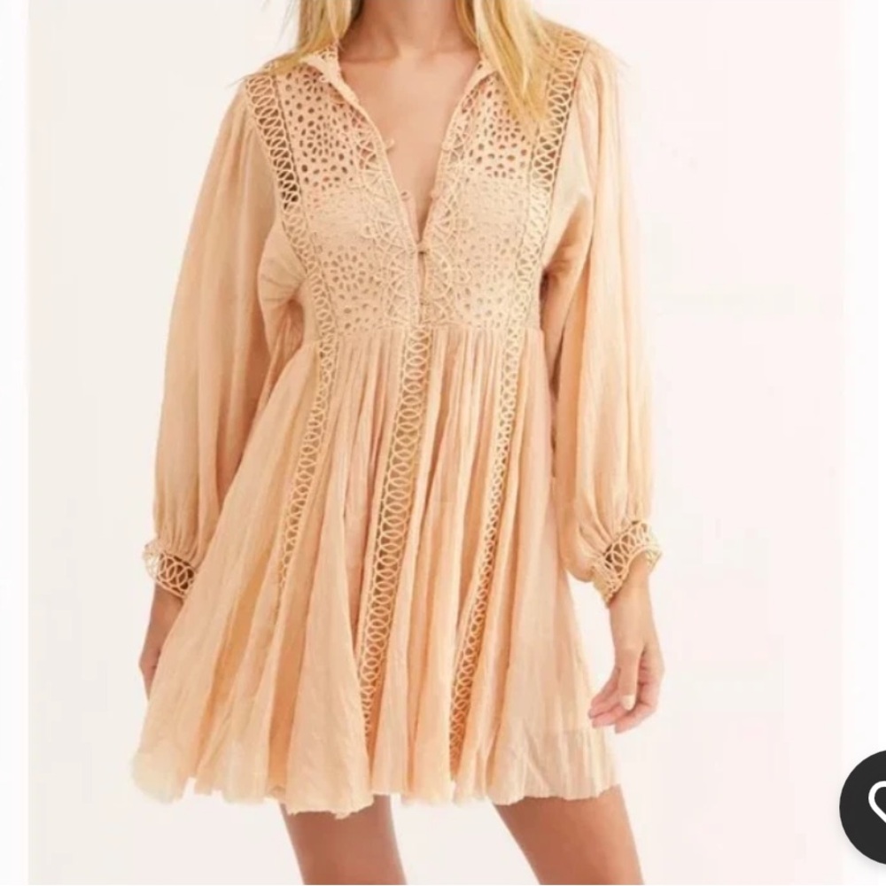 FP‎ One L Peach Karma Dress Boho Crochet Lace Flowy Button Down Hipster Hip Chic